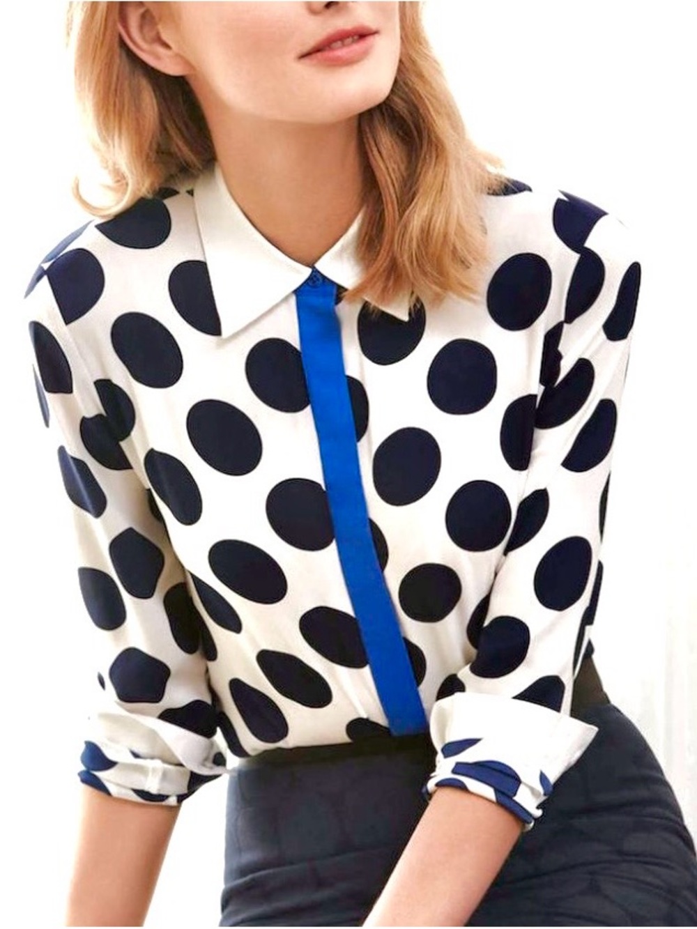 Ann Taylor Silky White Blouse with Navy Polka Dots and Blue Placket
